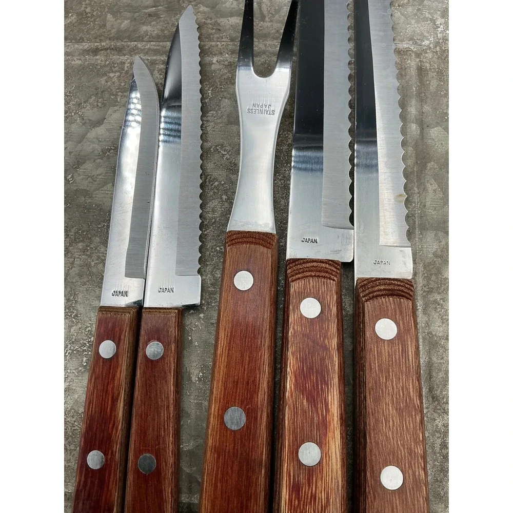 Vintage Forgecraft Washington Forge 5 Piece Knife Set with Wood Wall Block Japan
